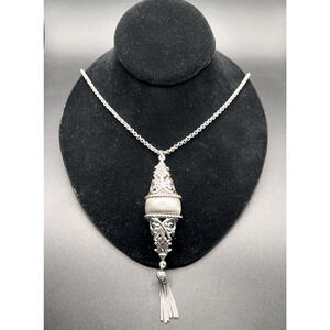 Vintage Whiting & Davis Silver Tone Chain Necklace Filigree Mesh Tassel Pendant